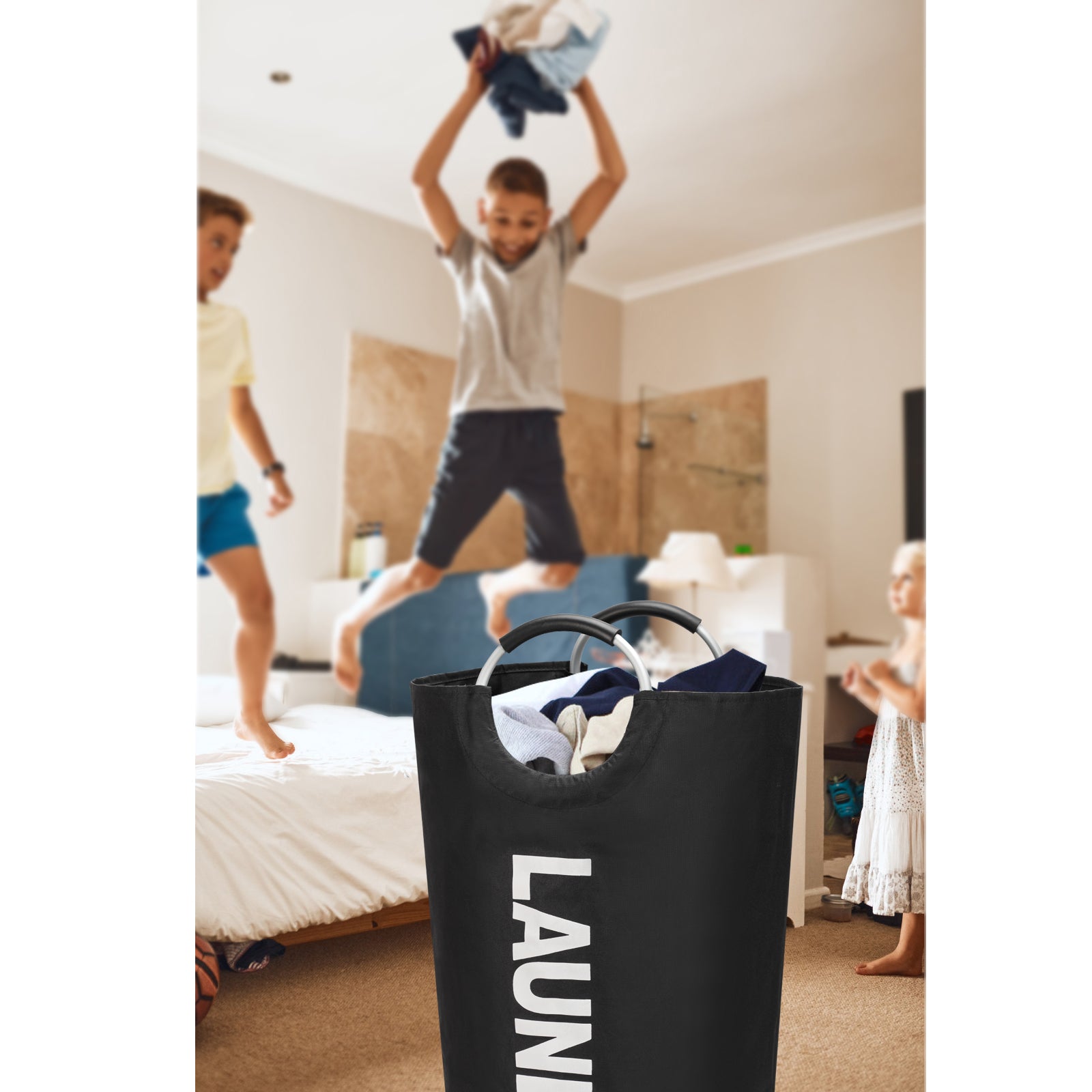 Maxsilan 90L/125L/160L Large Laundry Basket, Freestanding Tall Clothes Hamper, Collapsible Laundry Bag, Black