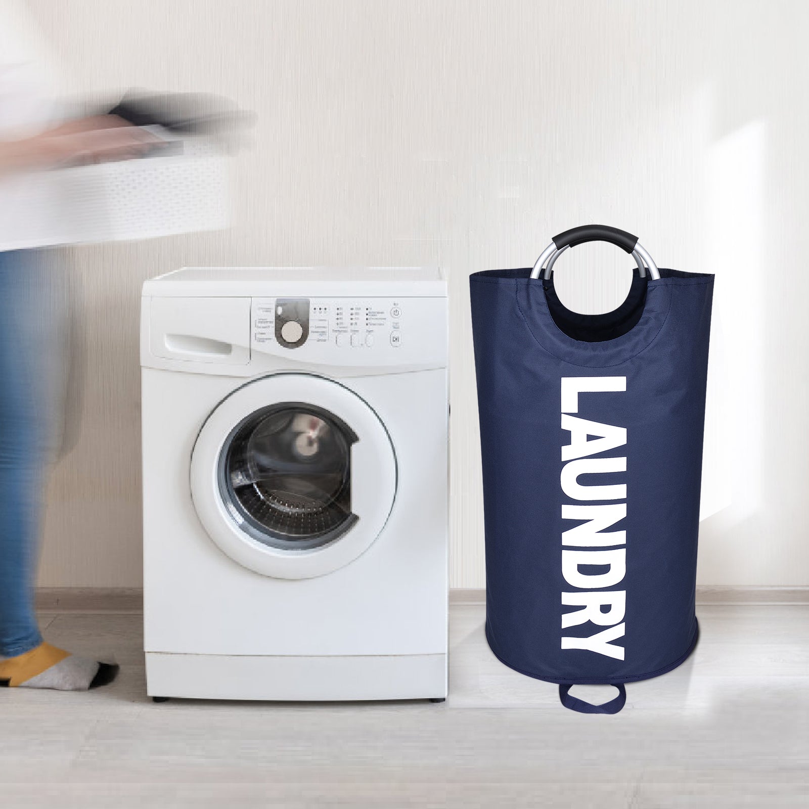 Maxsilan 90L/125L Large Laundry Basket, Freestanding Tall Clothes Hamper, Collapsible Laundry Bag, Dark Blue
