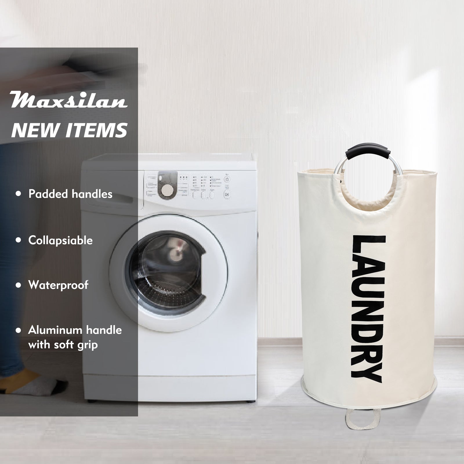 Maxsilan 90L/125L Large Laundry Basket, Freestanding Tall Clothes Hamper, Collapsible Laundry Bag, Beige