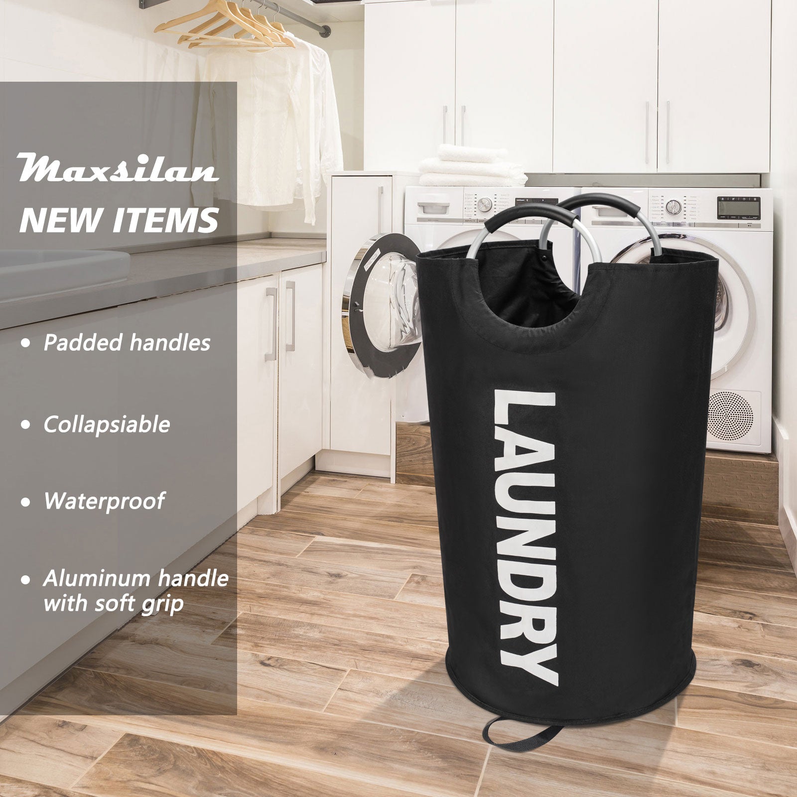 Maxsilan 90L/125L/160L Large Laundry Basket, Freestanding Tall Clothes Hamper, Collapsible Laundry Bag, Black