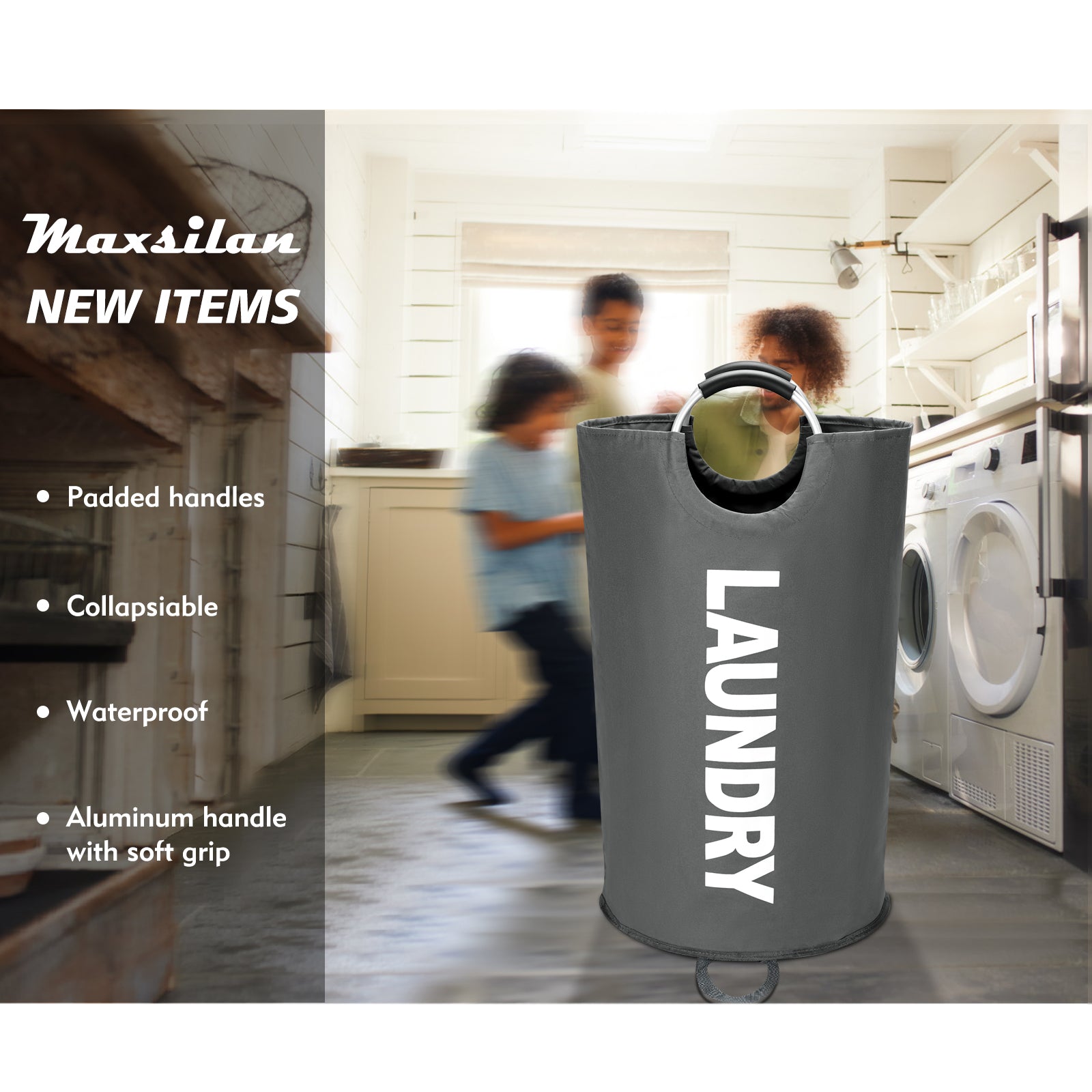 Maxsilan 90L/125L/160L Large Laundry Basket, Freestanding Tall Clothes Hamper, Collapsible Laundry Bag, Dark Grey